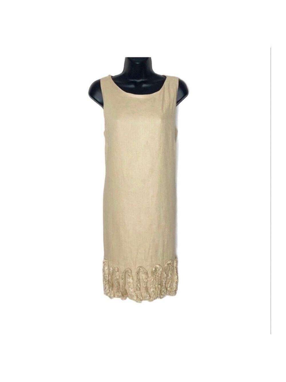 TAYLOR Linen Sheath Dress Women’s Size 12 Flax Natural Sleeveless Ruffle Trim